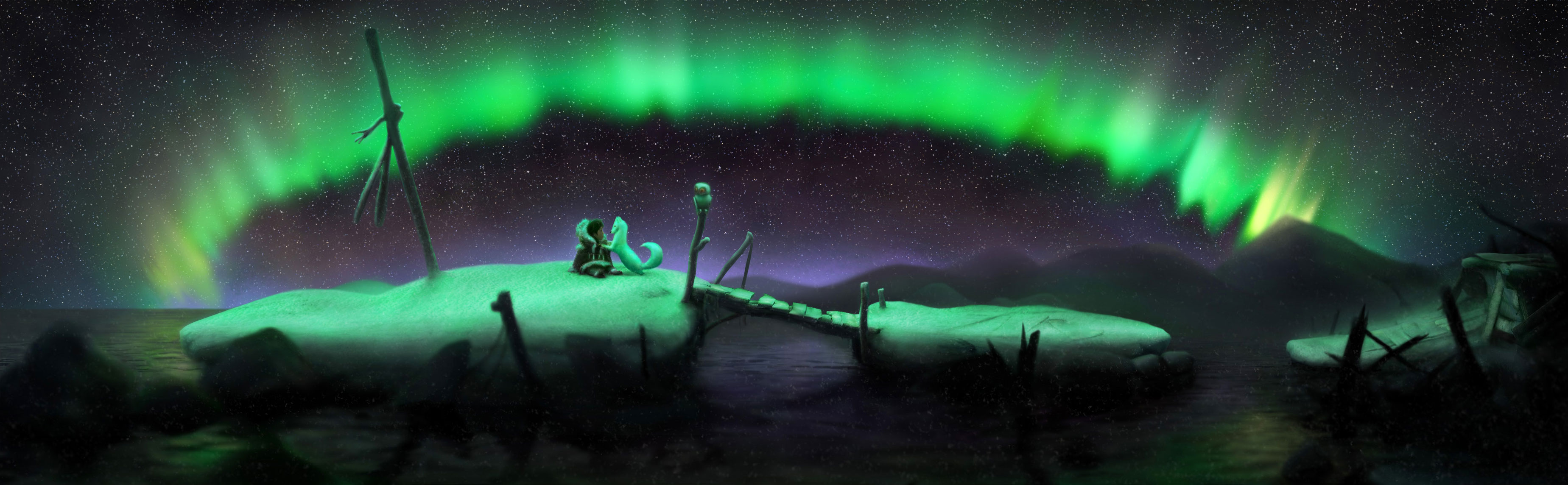 Nuna and Fox Sit Under the Aurora